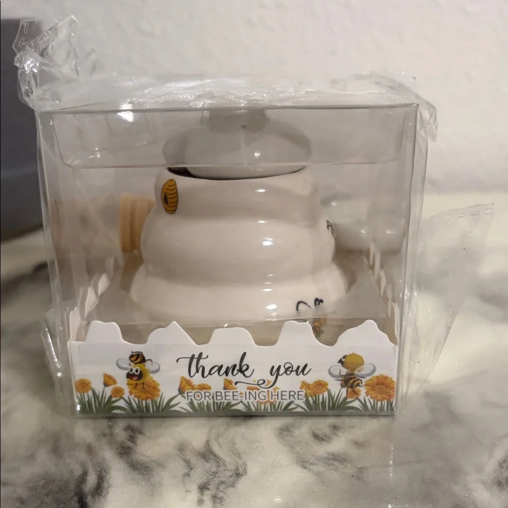 Bee Happy Honey Pot with Dipper - White Ceramic set of 12